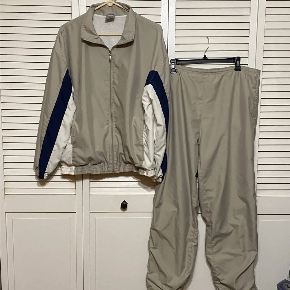 Vintage Ativa Light Tan, White, Navy, Track Suit Size L